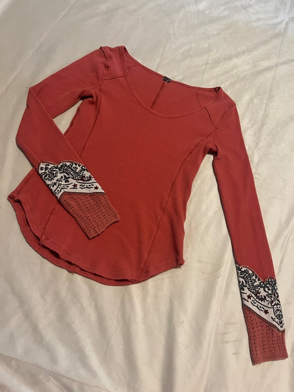 We The Free Women’s Long-Sleeve Scoop Neck Top in Rust with Patterned Cuffs